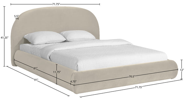 Meridian Furniture Celine Sculptural Curved Queen Bed Fully Upholstered Velvet Frame for Glam Bedrooms Cream CelineCream-Q