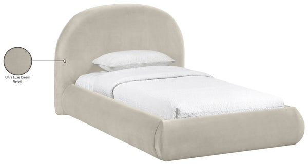 Meridian Furniture Celine Sculptural Velvet Twin Bed Curved Upholstered Headboard for Modern Glam Bedrooms Cream CelineCream-T