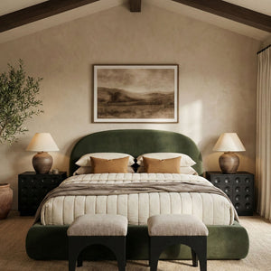 Meridian Furniture Celine Sculptural Curved Velvet King Bed Fully Upholstered Frame for Glam Bedroom Decor Green CelineGreen-K