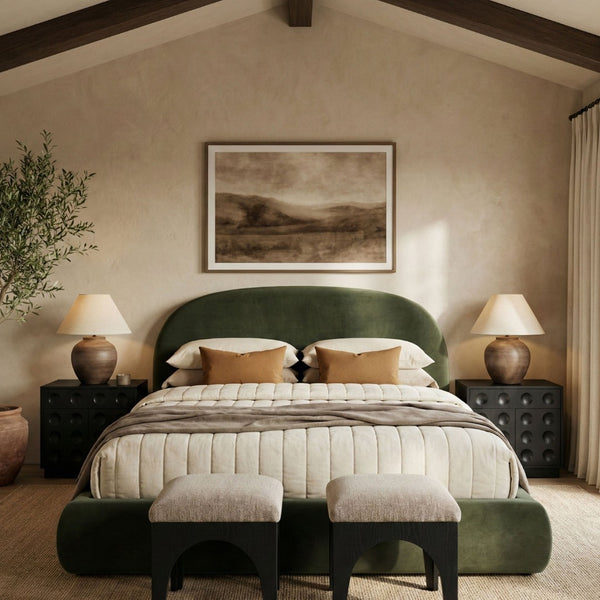 Meridian Furniture Celine Sculptural Curved Queen Bed Fully Upholstered Velvet Frame for Glam Bedrooms Green CelineGreen-Q