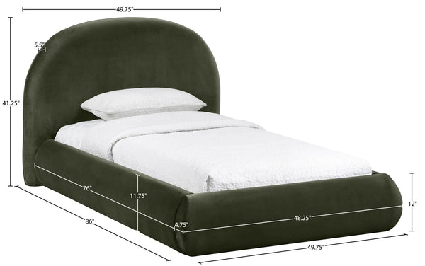 Meridian Furniture Celine Sculptural Velvet Twin Bed Curved Upholstered Headboard for Modern Glam Bedrooms Green CelineGreen-T