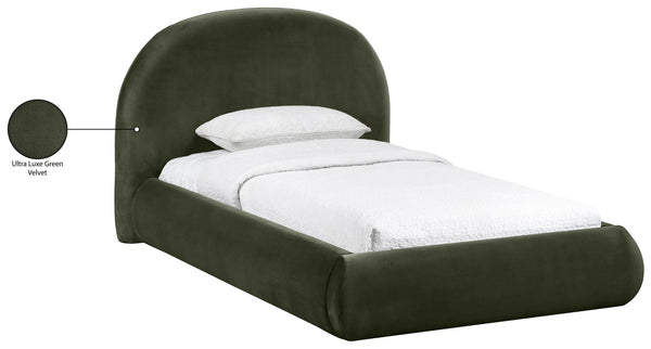 Meridian Furniture Celine Sculptural Velvet Twin Bed Curved Upholstered Headboard for Modern Glam Bedrooms Green CelineGreen-T