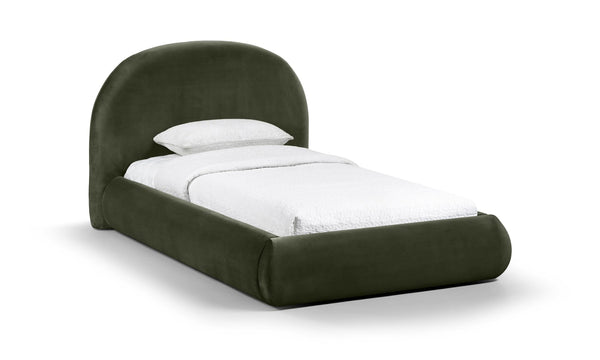 Meridian Furniture Celine Sculptural Velvet Twin Bed Curved Upholstered Headboard for Modern Glam Bedrooms Green CelineGreen-T