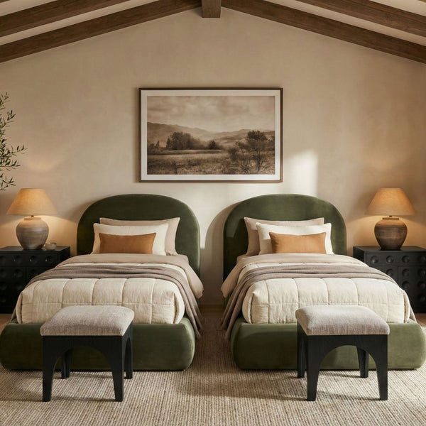 Meridian Furniture Celine Sculptural Velvet Twin Bed Curved Upholstered Headboard for Modern Glam Bedrooms Green CelineGreen-T