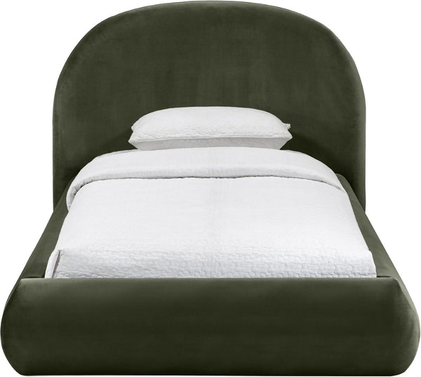 Meridian Furniture Celine Sculptural Velvet Twin Bed Curved Upholstered Headboard for Modern Glam Bedrooms Green CelineGreen-T