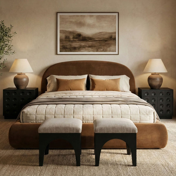 Meridian Furniture Celine Sculptural Curved Velvet King Bed Fully Upholstered Frame for Glam Bedroom Decor Saddle CelineSaddle-K