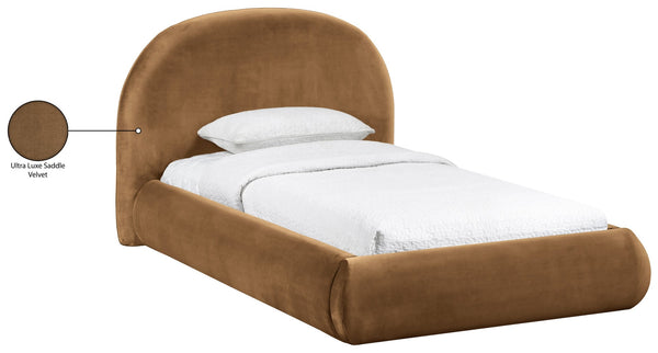 Meridian Furniture Celine Sculptural Velvet Twin Bed Curved Upholstered Headboard for Modern Glam Bedrooms Saddle CelineSaddle-T