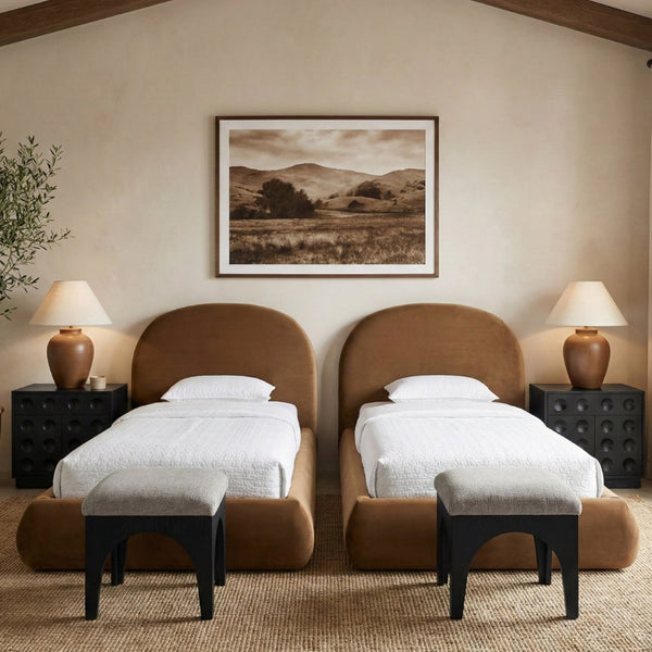 Meridian Furniture Celine Sculptural Velvet Twin Bed Curved Upholstered Headboard for Modern Glam Bedrooms Saddle CelineSaddle-T