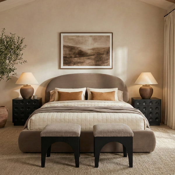 Meridian Furniture Celine Sculptural Curved Queen Bed Fully Upholstered Velvet Frame for Glam Bedrooms Taupe CelineTaupe-Q