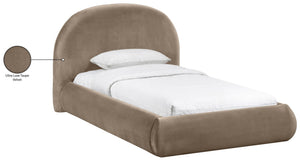 Meridian Furniture Celine Sculptural Velvet Twin Bed Curved Upholstered Headboard for Modern Glam Bedrooms Taupe CelineTaupe-T