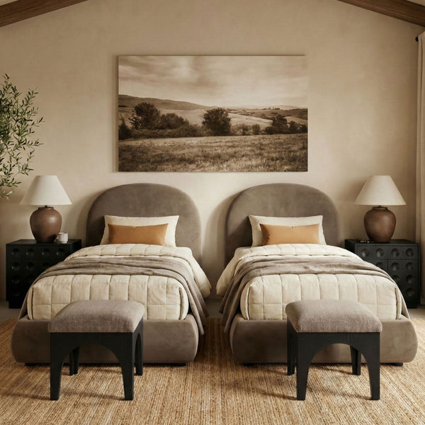 Meridian Furniture Celine Sculptural Velvet Twin Bed Curved Upholstered Headboard for Modern Glam Bedrooms Taupe CelineTaupe-T