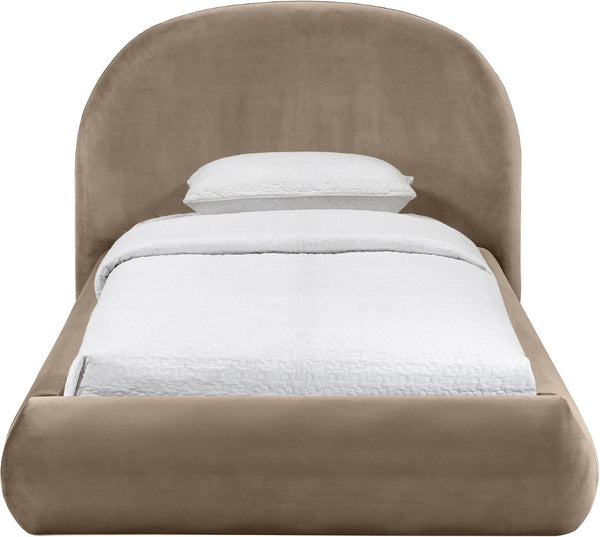 Meridian Furniture Celine Sculptural Velvet Twin Bed Curved Upholstered Headboard for Modern Glam Bedrooms Taupe CelineTaupe-T