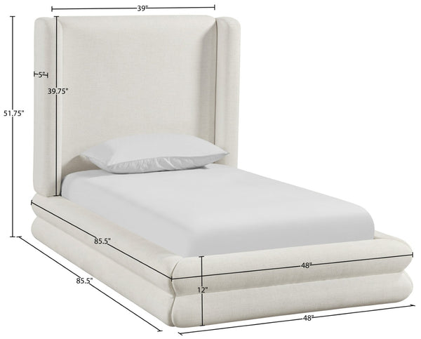 Meridian Furniture Chandra Sculptural Twin Bed Fully Upholstered Linen Frame with Tall Statement Headboard ChandraCream-T