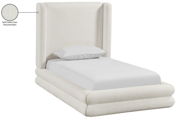 Meridian Furniture Chandra Sculptural Twin Bed Fully Upholstered Linen Frame with Tall Statement Headboard ChandraCream-T