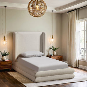 Meridian Furniture Chandra Sculptural Twin Bed Fully Upholstered Linen Frame with Tall Statement Headboard ChandraCream-T