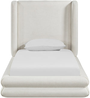Meridian Furniture Chandra Sculptural Twin Bed Fully Upholstered Linen Frame with Tall Statement Headboard ChandraCream-T