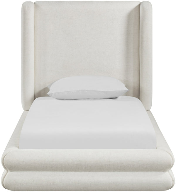 Meridian Furniture Chandra Sculptural Twin Bed Fully Upholstered Linen Frame with Tall Statement Headboard ChandraCream-T