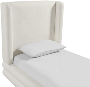 Meridian Furniture Chandra Sculptural Twin Bed Fully Upholstered Linen Frame with Tall Statement Headboard ChandraCream-T