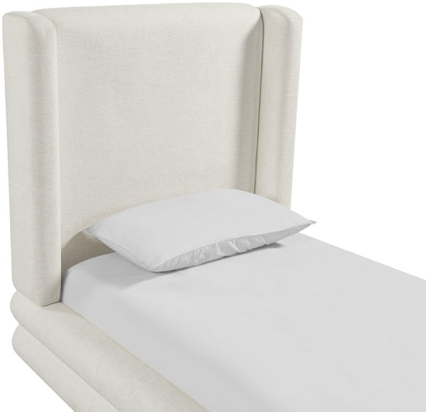 Meridian Furniture Chandra Sculptural Twin Bed Fully Upholstered Linen Frame with Tall Statement Headboard ChandraCream-T