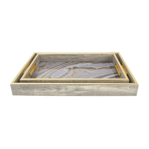 Zeugma Charm Decorative Serving Tray Set Of 2 - Antiqued White Wash Frame With Mosaic-inspired Design Antiqued White Washed  Frame And Mosaic,Inspired Gray Bottom Plaster,Wood,Plywood Hrt24sf690