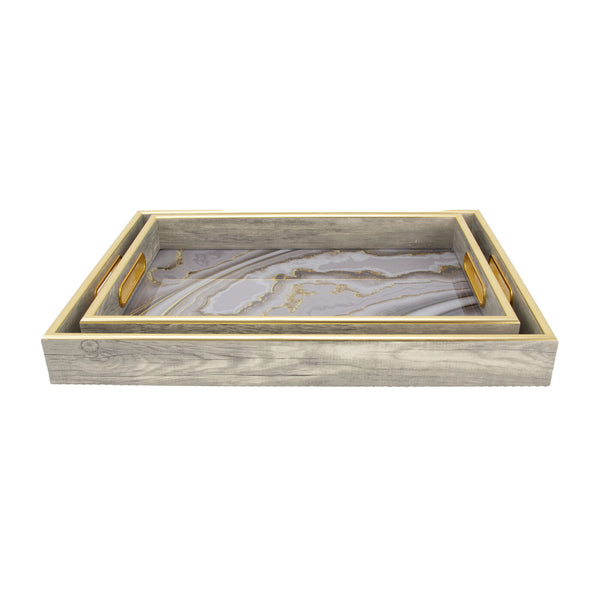 Zeugma Charm Decorative Serving Tray Set Of 2 - Antiqued White Wash Frame With Mosaic-inspired Design Antiqued White Washed  Frame And Mosaic,Inspired Gray Bottom Plaster,Wood,Plywood Hrt24sf690