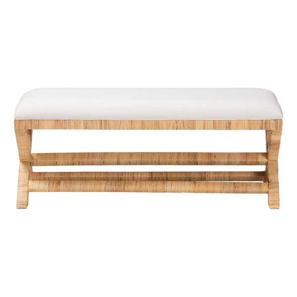 Bali & Pari Christy Handcrafted Rattan Accent Bench Cushioned Mahogany X-frame Seating