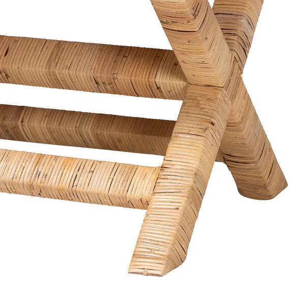 Bali & Pari Christy Handcrafted Rattan Accent Bench Cushioned Mahogany X-frame Seating