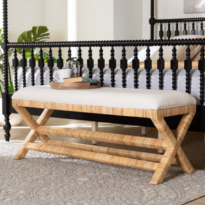 Bali & Pari Christy Handcrafted Rattan Accent Bench Cushioned Mahogany X-frame Seating