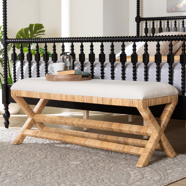 Bali & Pari Christy Handcrafted Rattan Accent Bench Cushioned Mahogany X-frame Seating