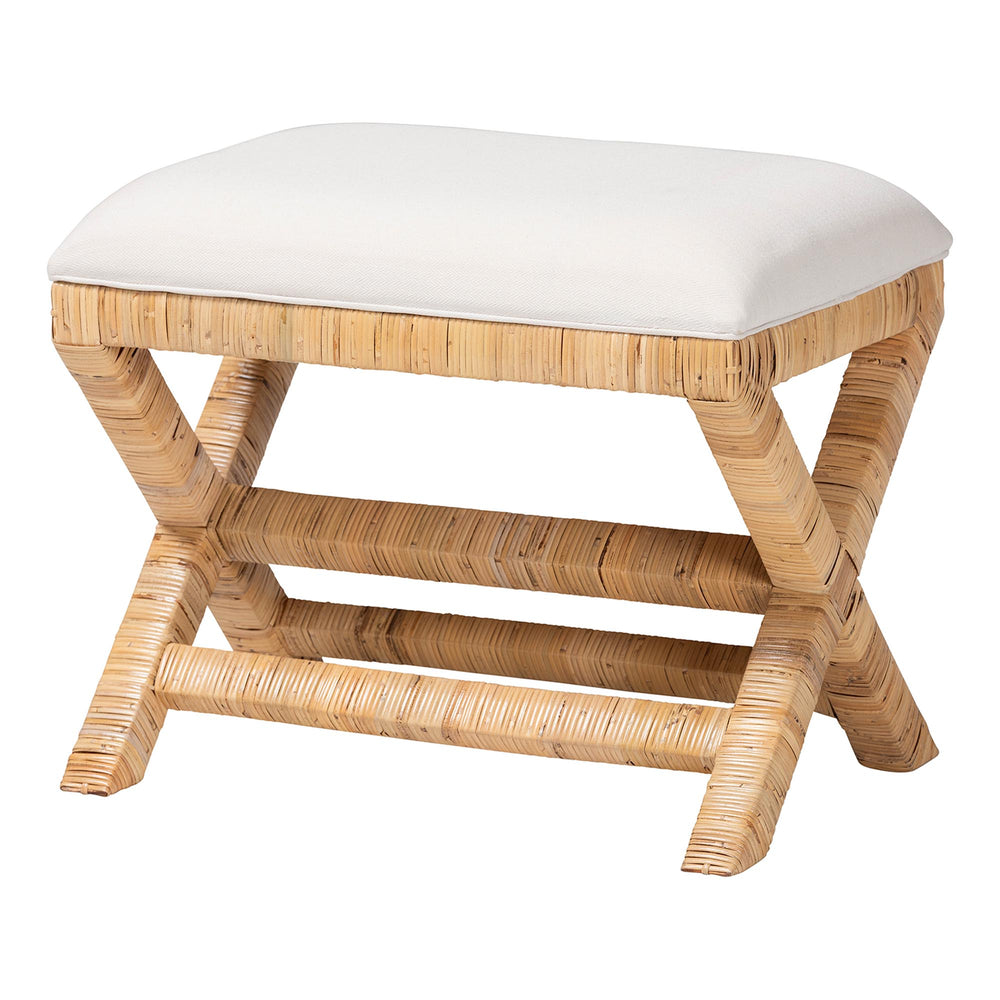 Baxton Studio Bali & Pari Christy Hand Wrapped Rattan Accent Stool with Cushioned Mahogany X Frame Christy-Light Honey Rattan-Ottoman