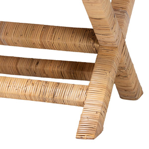 Bali & Pari Christy Hand Wrapped Rattan Accent Stool with Cushioned Mahogany X Frame