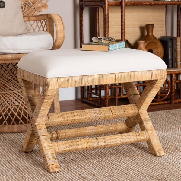Bali & Pari Christy Hand Wrapped Rattan Accent Stool with Cushioned Mahogany X Frame