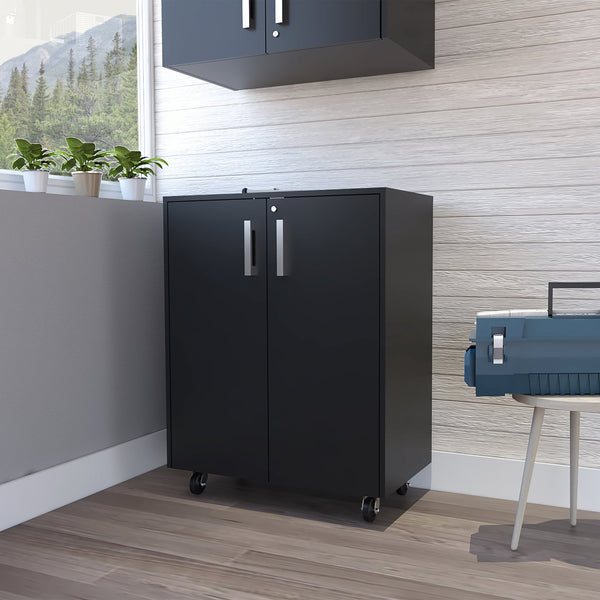 English Elm Storage Cabinet with Smooth Casters and Lockable Double Doors, Two Adjustable Interior Shelves for Organized Durable Office or Garage Storage Black 35.8 L x 20.9 W x 6.7 H B07092084