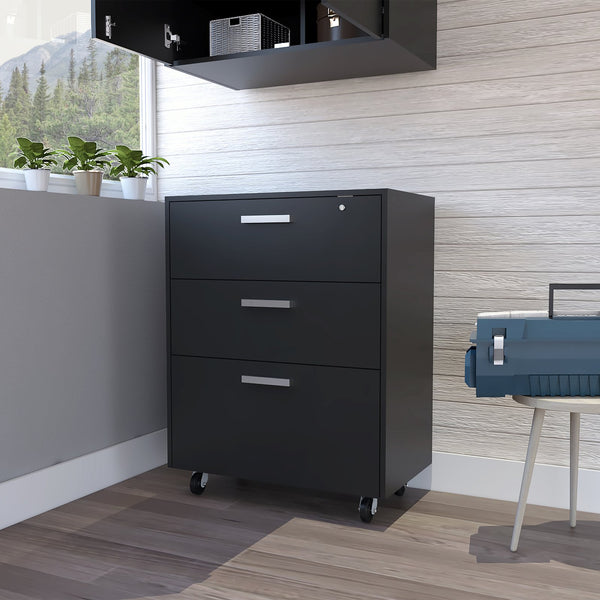 English Elm Storage Cabinet with Smooth Casters and Lockable Double Doors, Two Adjustable Interior Shelves for Organized Durable Office or Garage Storage Black 35.8 L x 20.9 W x 9.1 H B07092085