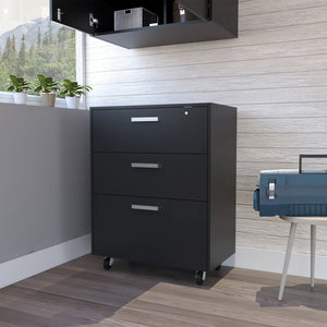 English Elm Three Drawer Base Cabinet with Locking Casters, Full-Extension Rails, Black Particleboard Top Storage B20092085