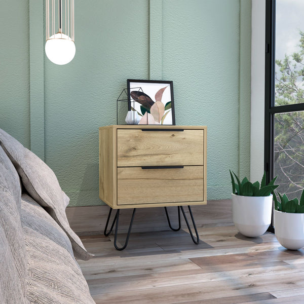 English Elm Augusta Light Oak Nightstand with Two Drawers, Hairpin Legs, Compact 22.8"H Storage Side Table B07091892