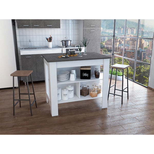 English Elm Kitchen Island - Modern 35" H Table With 3 Open Shelves, White & Onix Finish For Stylish Storage B097132969