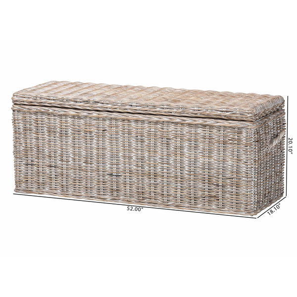 Baxton Studio Bali & Pari Clarette Handwoven Natural Rattan Lift Top Storage Bench for Coastal Boho Spaces Cloudhaven-LG-White Wash Rattan-Bench