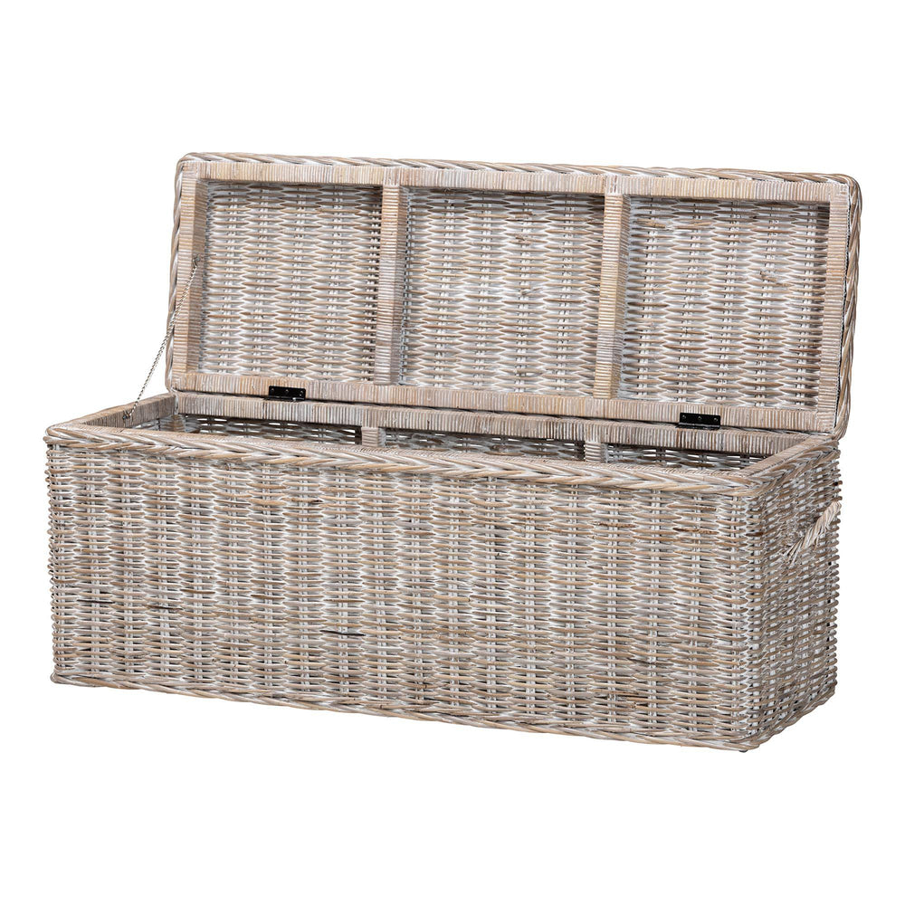 Baxton Studio Bali & Pari Clarette Handwoven Natural Rattan Lift Top Storage Bench for Coastal Boho Spaces Cloudhaven-LG-White Wash Rattan-Bench