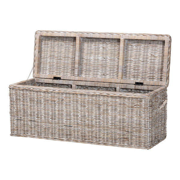 Baxton Studio Bali & Pari Clarette Handwoven Natural Rattan Lift Top Storage Bench for Coastal Boho Spaces Cloudhaven-LG-White Wash Rattan-Bench