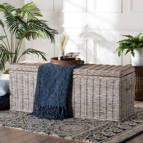 Baxton Studio Bali & Pari Clarette Handwoven Natural Rattan Lift Top Storage Bench for Coastal Boho Spaces Cloudhaven-LG-White Wash Rattan-Bench