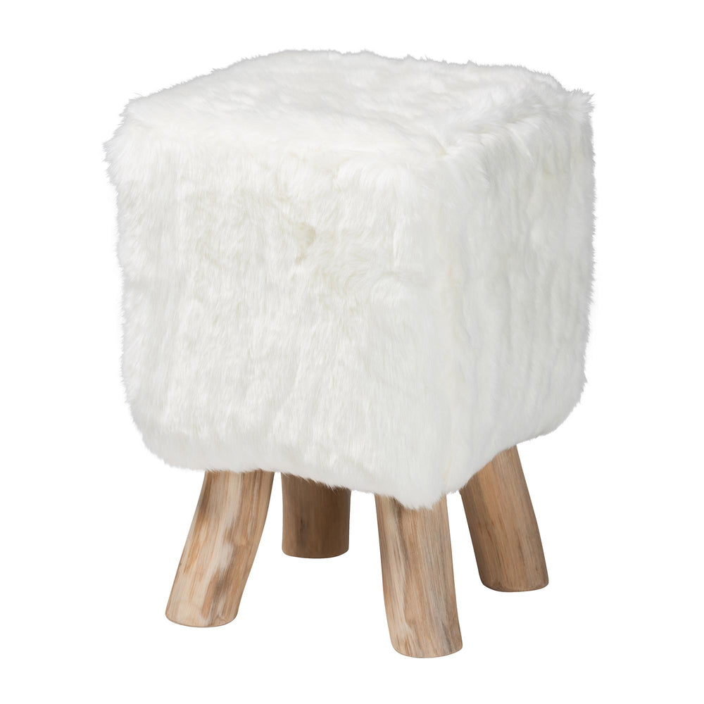 Baxton Studio Bali & Pari Scotlyn Plush Faux Fur Footstool with Solid Teak Legs Boho Accent Cream-Goat Fur-Footstool