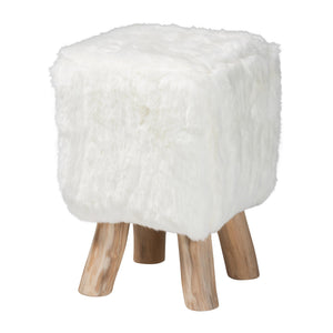 Baxton Studio Bali & Pari Scotlyn Plush Faux Fur Footstool with Solid Teak Legs Boho Accent Cream-Goat Fur-Footstool
