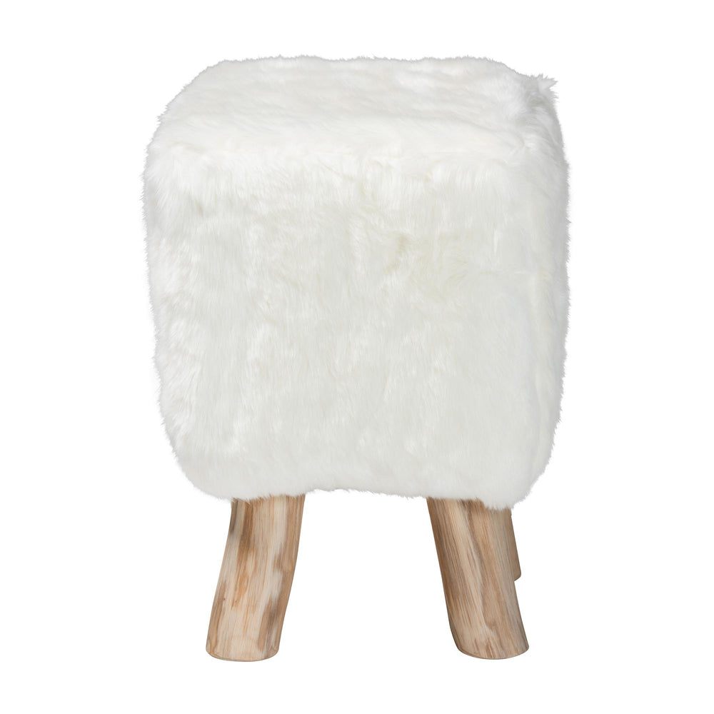 Baxton Studio Bali & Pari Scotlyn Plush Faux Fur Footstool with Solid Teak Legs Boho Accent Cream-Goat Fur-Footstool