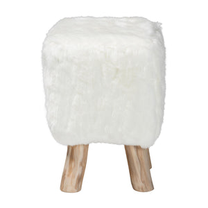 Bali & Pari Scotlyn Plush Faux Fur Footstool with Solid Teak Legs Boho Accent