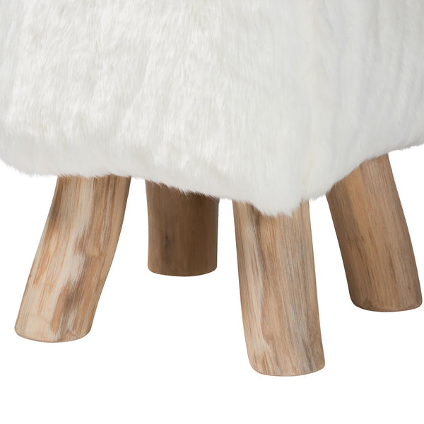 Bali & Pari Scotlyn Plush Faux Fur Footstool with Solid Teak Legs Boho Accent