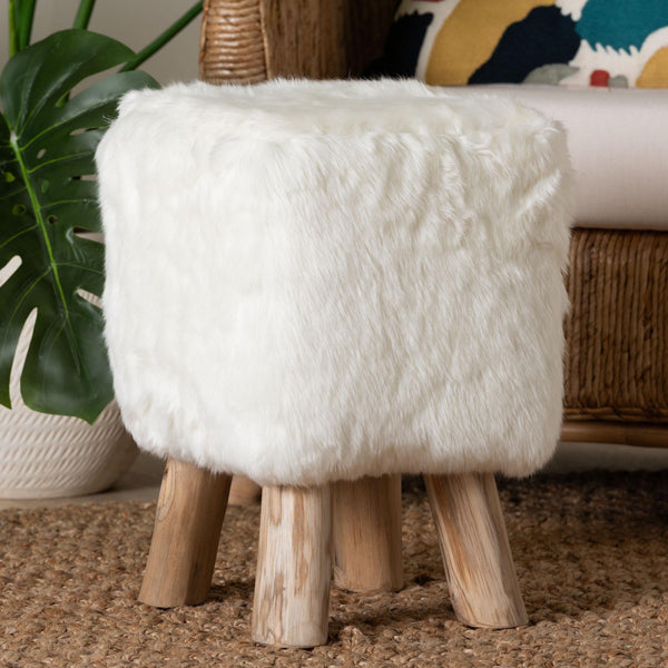 Bali & Pari Scotlyn Plush Faux Fur Footstool with Solid Teak Legs Boho Accent