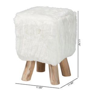 Bali & Pari Scotlyn Plush Faux Fur Footstool with Solid Teak Legs Boho Accent