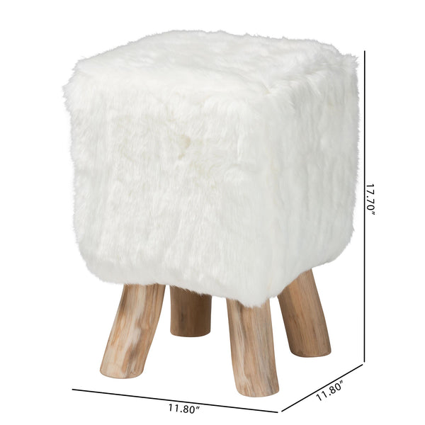 Bali & Pari Scotlyn Plush Faux Fur Footstool with Solid Teak Legs Boho Accent