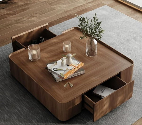 English Elm Luxury Solid Wood Square Coffee Table Walnut Finish Hidden Drawer Raised Edge Living Room D1053120128